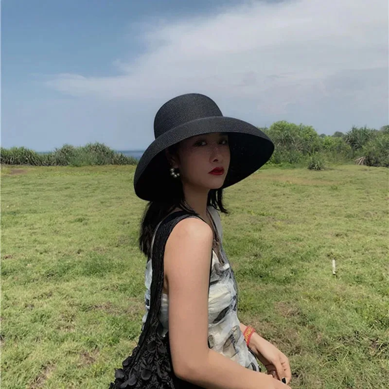 Summer French Style Women's Hat Vintage Design Wide Side Sun Visor Straw Hat Solid Color Female Beach