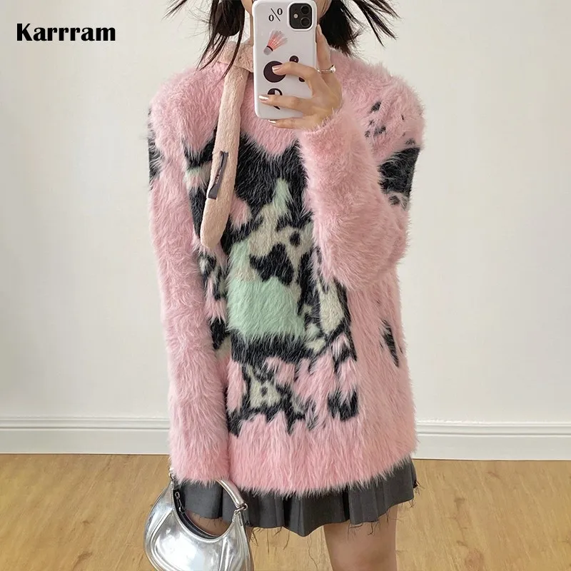 Karrram Japanese Y2k Pink Sweater Vintage Harajuku Knitted Pullover 2000s Aesthetic Kawaii Oversized Knitwear Mohair Cute Lolita