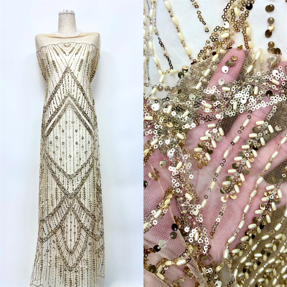 

African Lace Fabric Sequins Beaded Embroidery Groom Nigerian Bridal High Quality French Tulle Lace Fabric For Wedding Party
