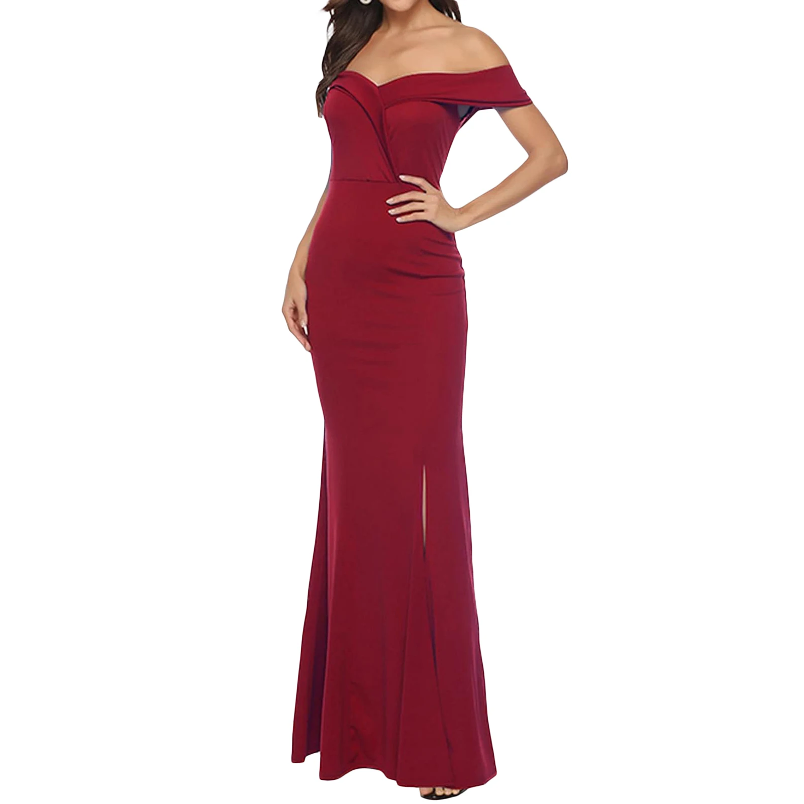 Vestido de fiesta de noche ajustado para mujer, vestido largo elegante con dobladillo de sirena, abertura alta, hombros descubiertos, Color sólido, Verano