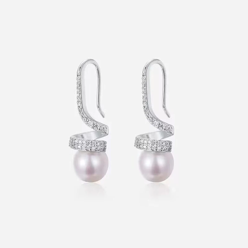 

MeiBaPJ 9-10mm Natural White Rice Pearls Fashion Spiral Drop Earrings 925 Silver Empty Holder Fine Wedding Jewelry for Women