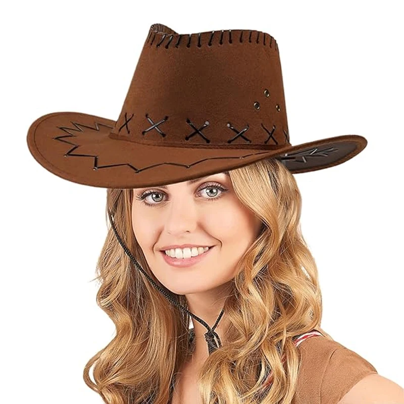 Vintage-Cowboyhut mit breiter Krempe, Kostüm, Cowgirl-Hut, Partyhut mit Western-Motiv, Sommer-Sonnenhut mit Wind-Lanyard für Männer und Frauen