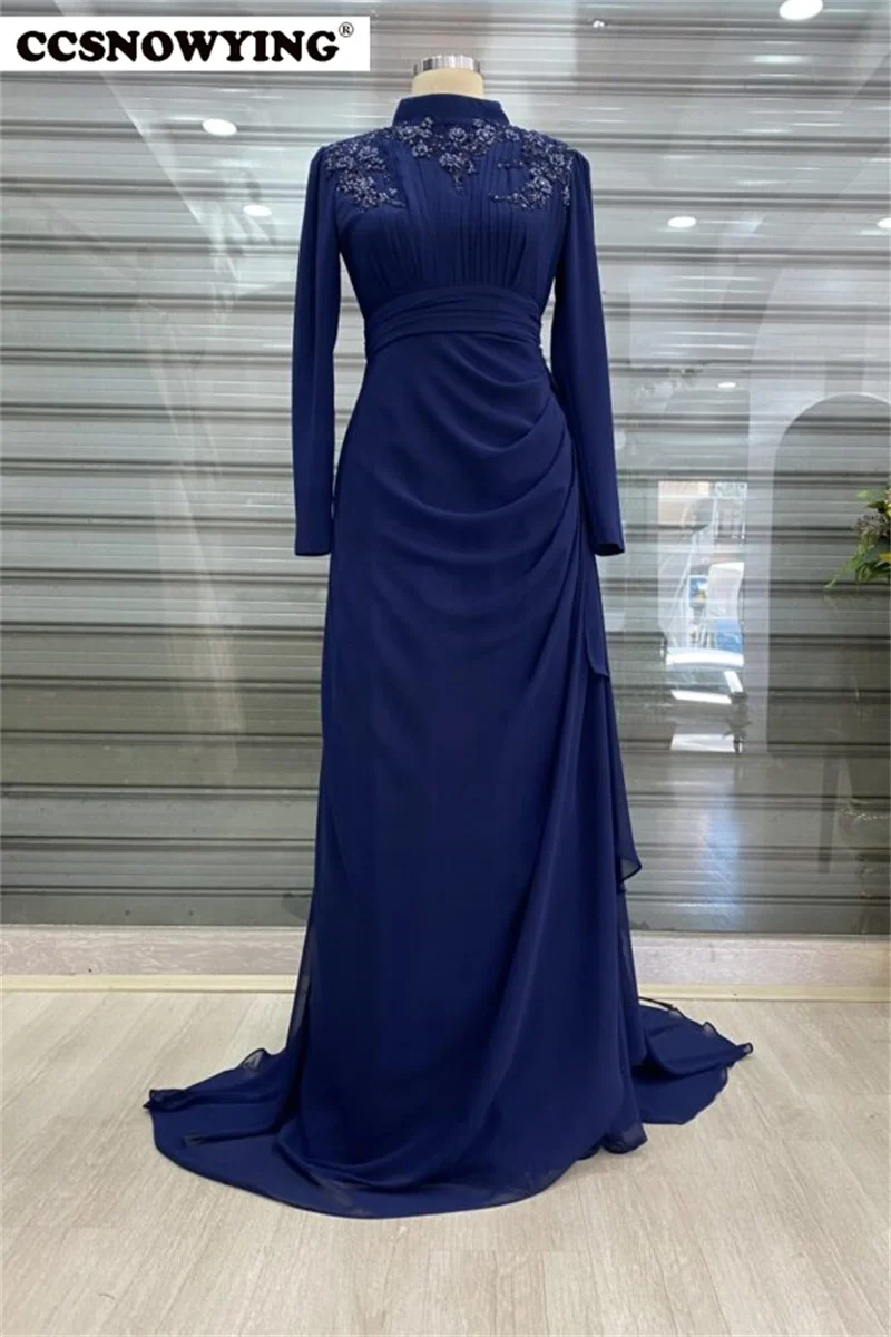 

Full Sleeve Hijab Muslim Evening Dress Chiffon Appliques Prom Formal Party Gown High Neck Arabic Kaftan Islamic Robes De Soirée