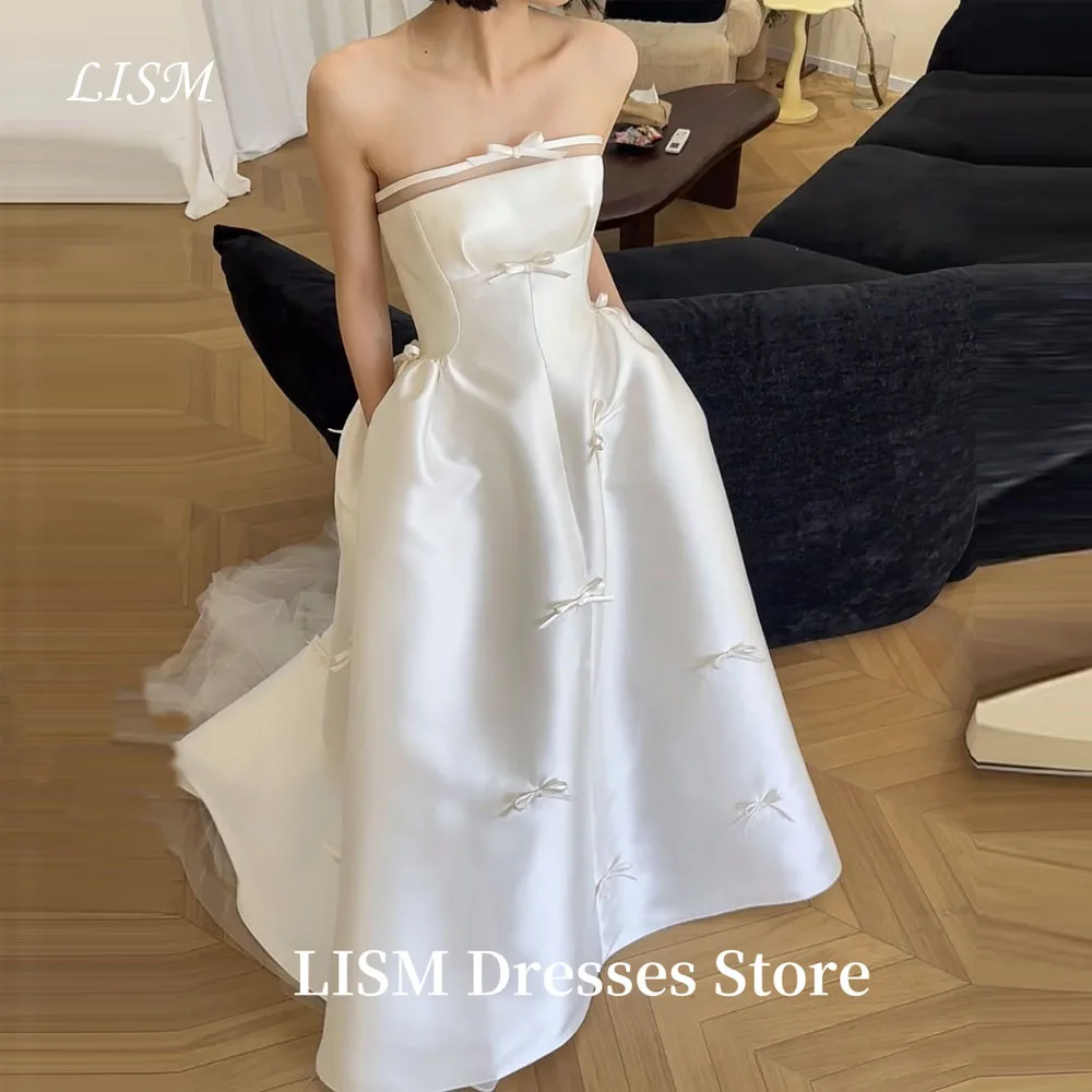 LISM Elegant Strapless A Line Ribbons Wedding Dresses Korea Photo shoot Pockets Bridal Gowns Corset Back Customized Evening