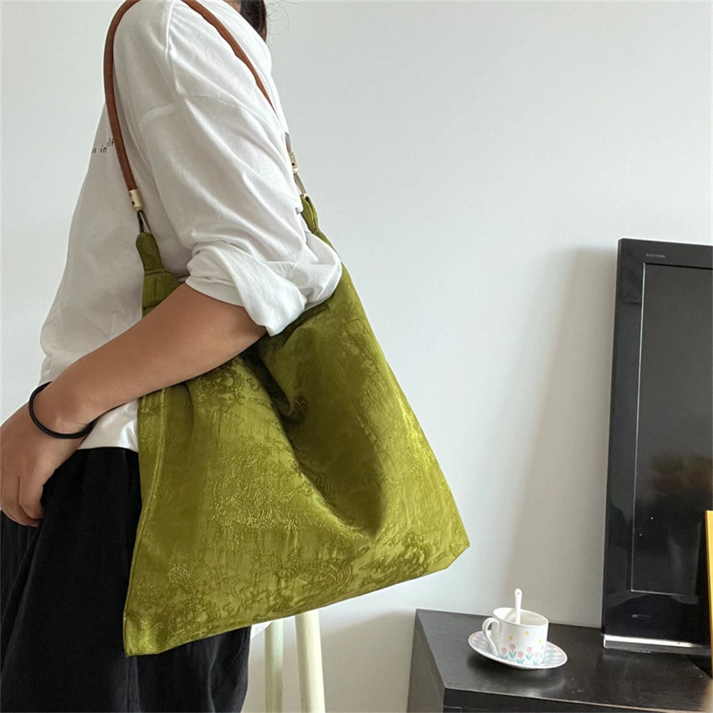 Women Handbag Totes Vintage Jacquard Silk Sati Linen Underarm Bag Portable Knot Wrist Bag Adjustable Pu Crossbody Travel Bag