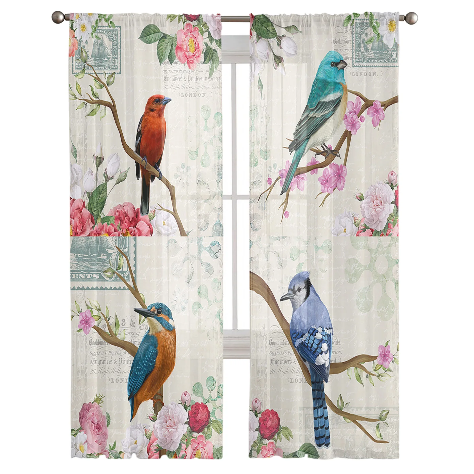 Vintage Flowers And Birds Tulle Curtains for Living Room Bedroom Decoration Transparent Chiffon Sheer Voile Window Curtain