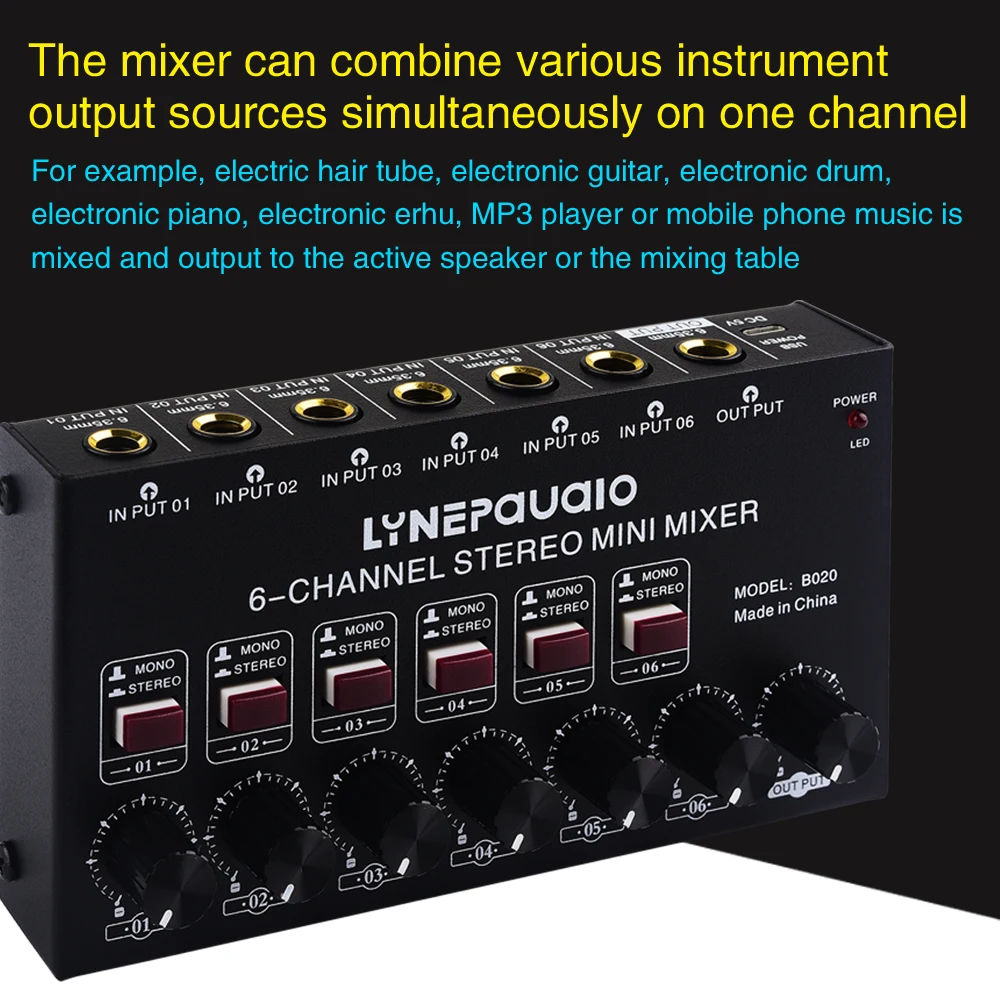 6-kanaals stereo audiomixer, haarbuis elektronische piano-instrument mengen, prestatiemixer voor buiteninstrumenten