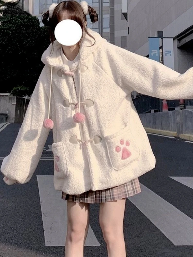 Japanese Style Autumn Winter Women Sweet Lamb Wool Jacket Kawaii Soft Bear Ears Hooded Coats Girls New Cute Outwear