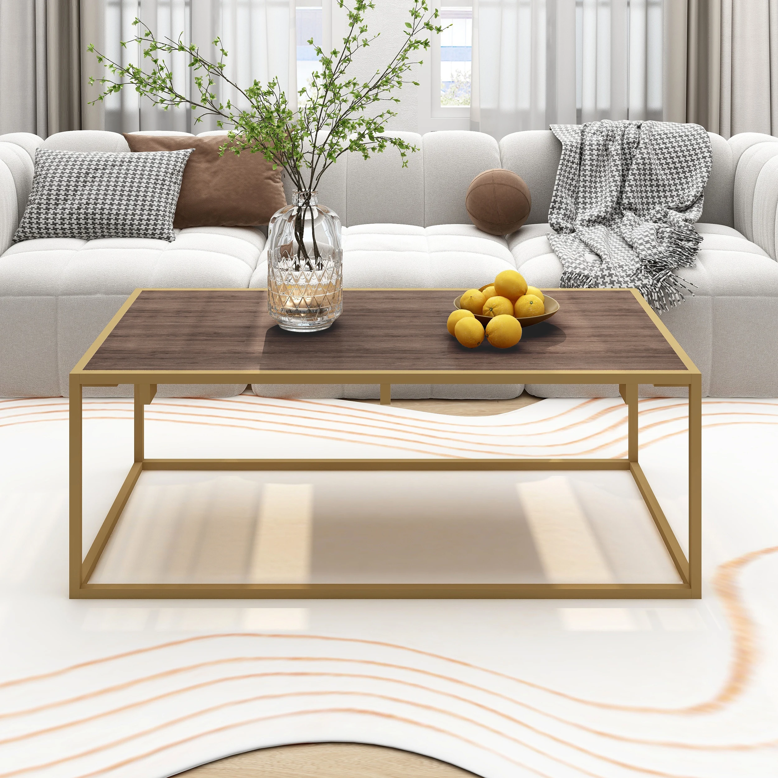 Modern Industrial Style Rectangular Wood Grain Top Coffee Table, Wooden and Metal Frame Open Rectangle Coffee Accent Table, Gold