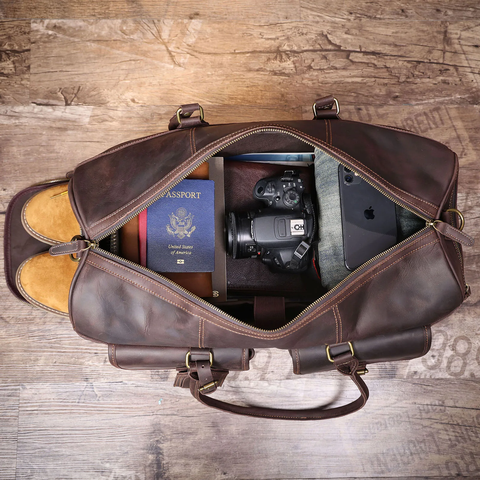 S.WORKER Vintage Echtleder-Reisetasche aus Crazy-Horse-Rindsleder, handgefertigte Weekender-Tasche, Sporttasche – Detail 23