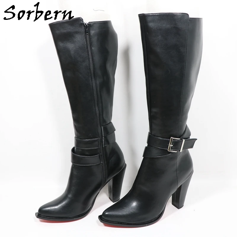 

Sorbern/черные сапоги до колена, женская обувь на высоком каблуке, туфли на блочном каблуке, ботильоны с ремешками на щиколотке, острый носок на заказ