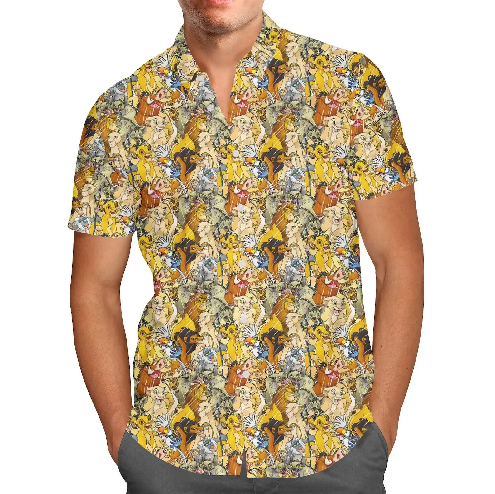 Disney-Chemise hawaïenne à manches courtes pour hommes et femmes, chemise boutonnée, chemise de plage décontractée, haut hawaïen, roi de discussion, Simba, été