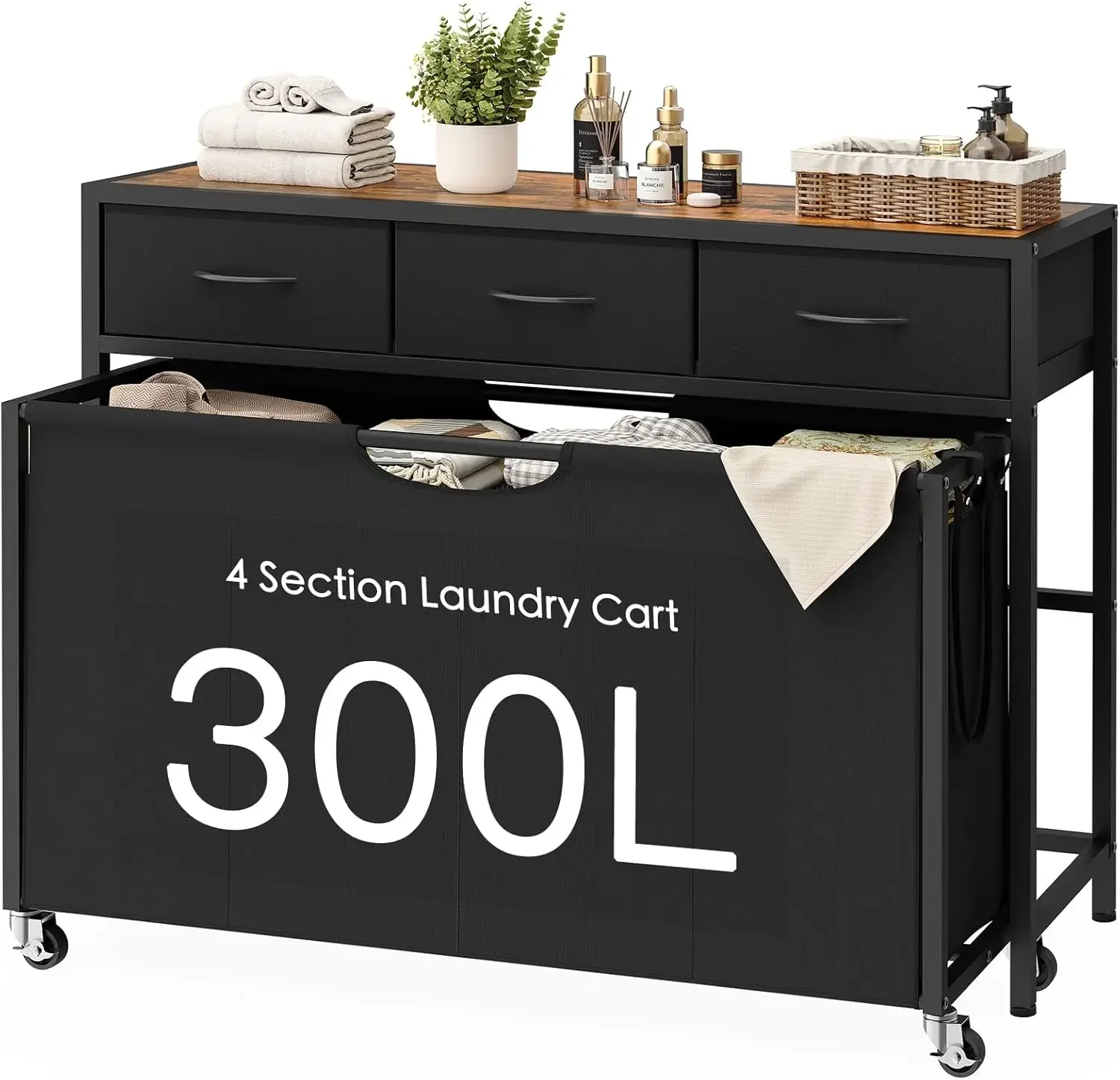 

Laundry Sorter, Rolling Hamper with 4 Section Pull-Out Bags, 300L Large Basket Organizer with 3 Drawers