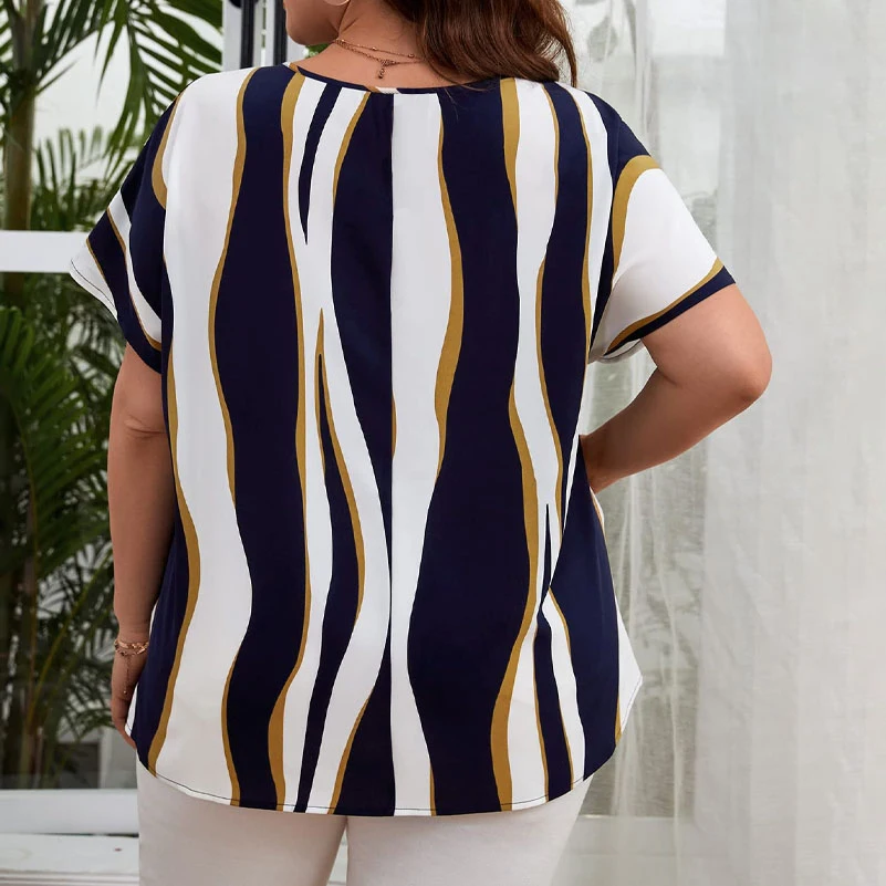 Plus Size Women's Shirts, Striped Printed Short-Sleeved Crew Neck Shirts, Elegant Work Tops with Side Knotted Design image 2