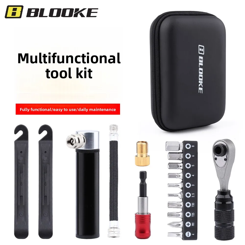 

Ящик для инструментов для ремонта велосипедов BLOOKE, торцевой ключ с храповым механизмом, рычаг шин, воздушный насос, многофункциональный набор инструментов