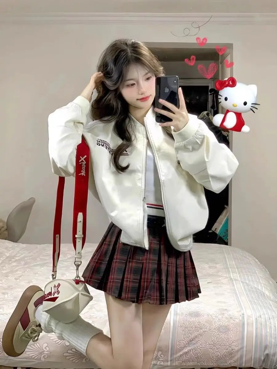 Winter Y2k New Two Piece Set Women Zipper Bomber Jacket+plaid Cake Mini Skirt Female Korean Fashion Sweet Cute Skirt Suit 2024