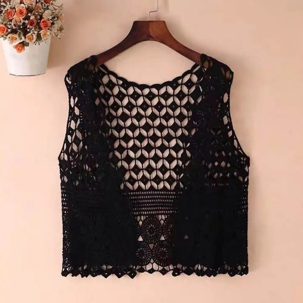 

Sleeveless Thin Cardigan Stylish Women's Crochet Sleeveless Cardigan Retro Knitted Open Stitch Vest for Summer Outwear Loose