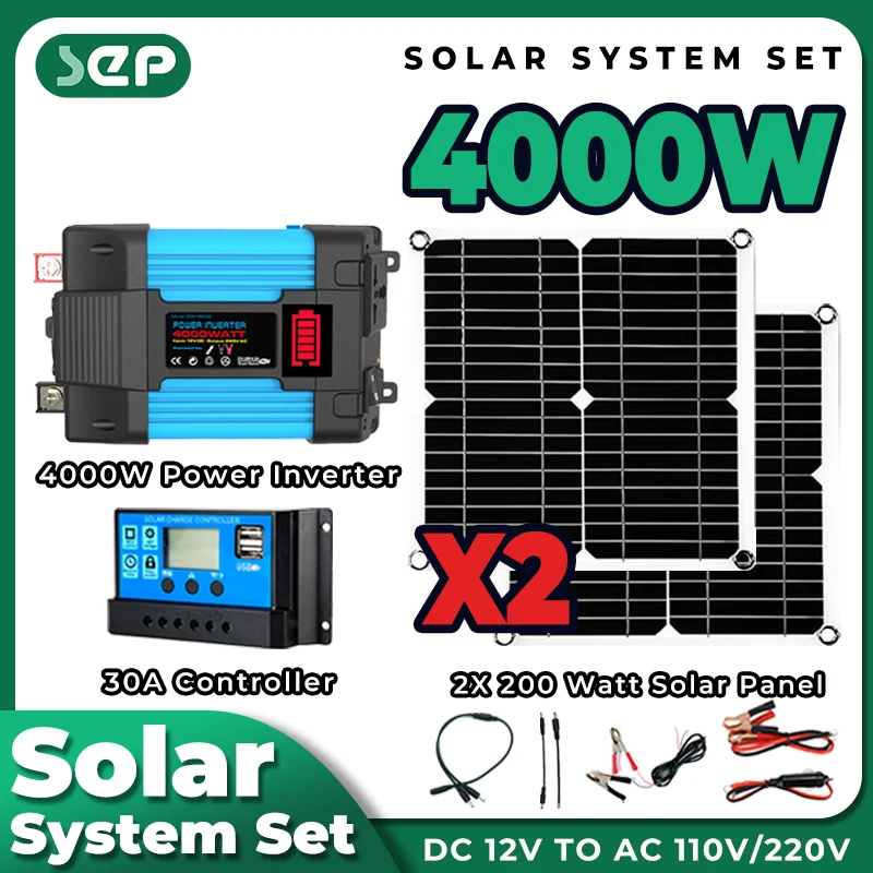 

New Solar Energy Systems Kit Solar 5v Solar Panel 220v 4000w Inverter Solar 30a Controller For House Camping Car Rv Power Bank