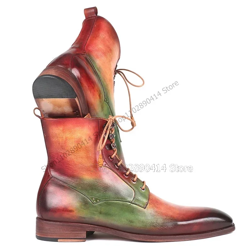 Kolorowe botki do połowy łydki z kwadratowym noskiem, wiązane, modne sznurowane buty męskie, luksusowe ręcznie robione buty męskie na przyjęcia, bankiety i uroczystości.