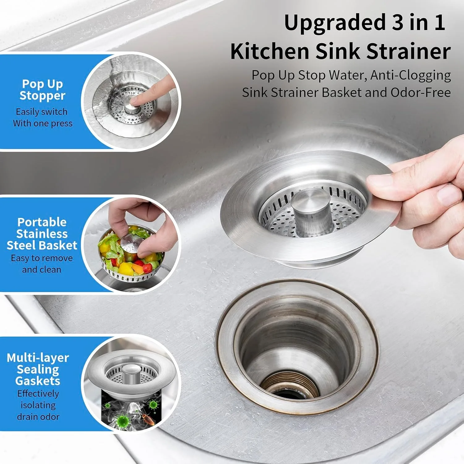 Upgraded  3 in 1 Kitchen Sink Stopper, Pop Up Kitchen Sink Drain Strainer, with an Extra Basket Strainer，US Standard 3-1/2 Inch