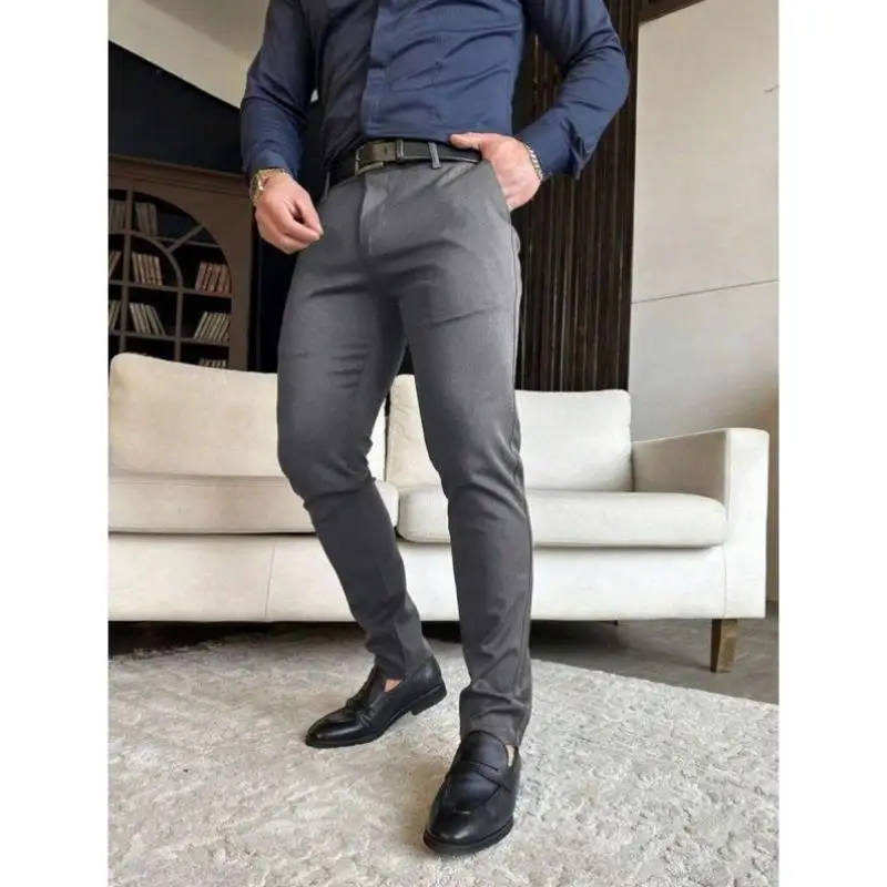 بسيطة عارضة الرجال كيت السراويل اللون الخريف Sle مزدوجة الشق واسعة الساق طوق مسطح لا زر الشباب Faion #3