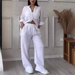 Elegant Women Linen 2 Piece Set Long Sleeve Shirt Wide Leg Pants Plain Color Loungewear Fall Winter Two Piece Matching Outfits