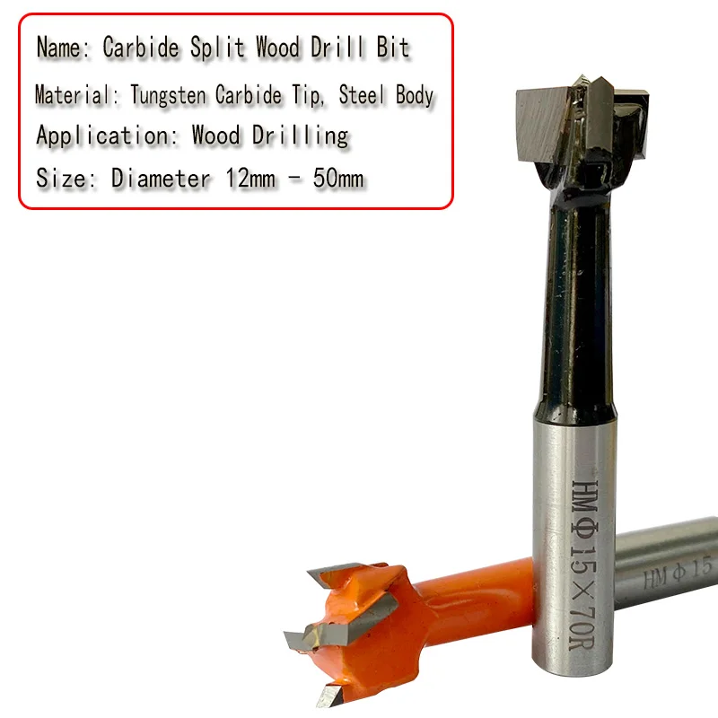 OAL:70mm Carbide Hinge Boring Bit, 3Flute Split Wood Drill Bit, Fast Chip Removal, No Chipping, Sharp Cutting Edge