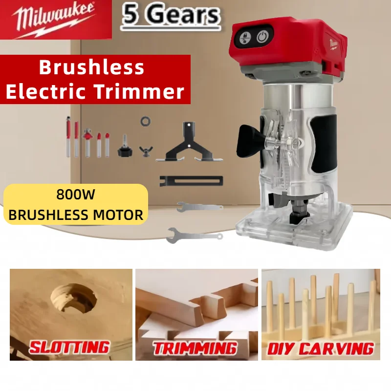 Milwaukee 800W 30000RPM Cordless Electric Trimmer Brushless Compact Router 5-Speeds Woodworking Trimming Machine For 18V Battery