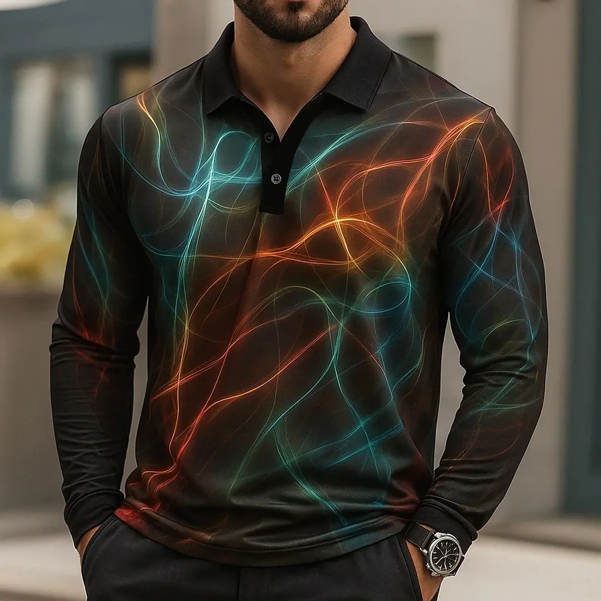 

2025 Colorful Stripe Men's Polo Shirt Fashion Creative Long Sleeve Lapel Button Tops Autumn Outdoor Casual Classic Style Clothes