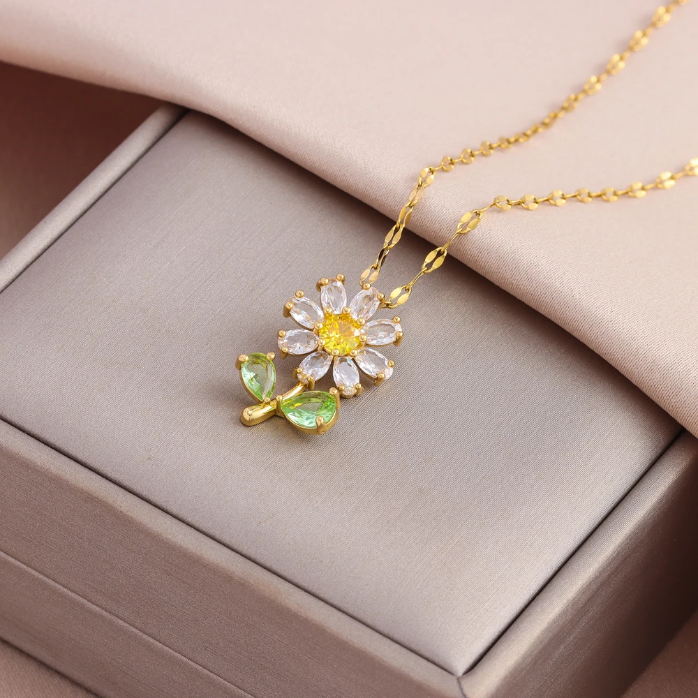 Süße Sexy Sparkly Zirkon Kristall Sonnenblumen Halsketten Für Frauen Mode Nette Edelstahl Schlüsselbein Kette Schmuck Großhandel