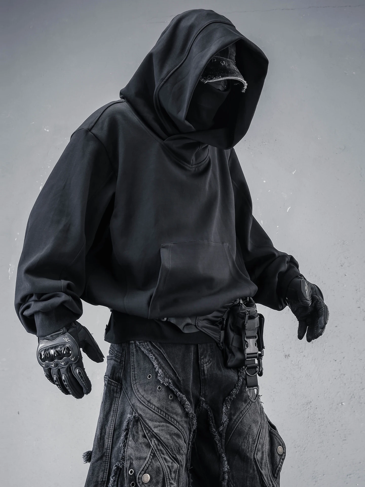 Loose Fit High Collar Hoodie Men's Double Collar Samurai Style Autumn Spring Cotton Polyester Blend Functional Streetwear