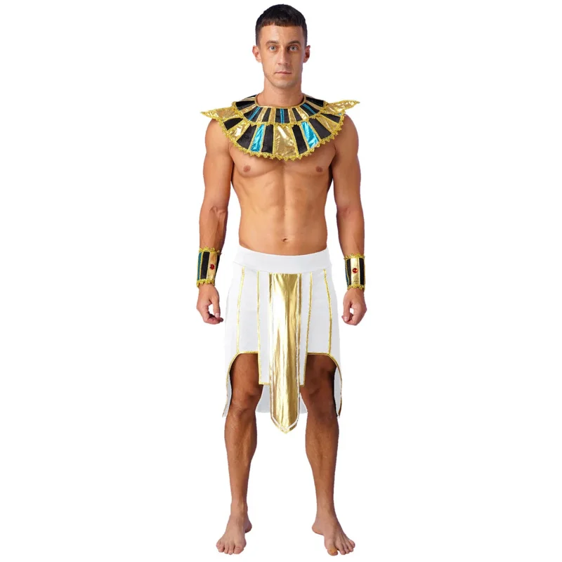 Antigo faraó do Egito faraó rei cosplay masculino, vestido extravagante de Halloween, saia com punhos, colarinho, roupa para festa temática, palco