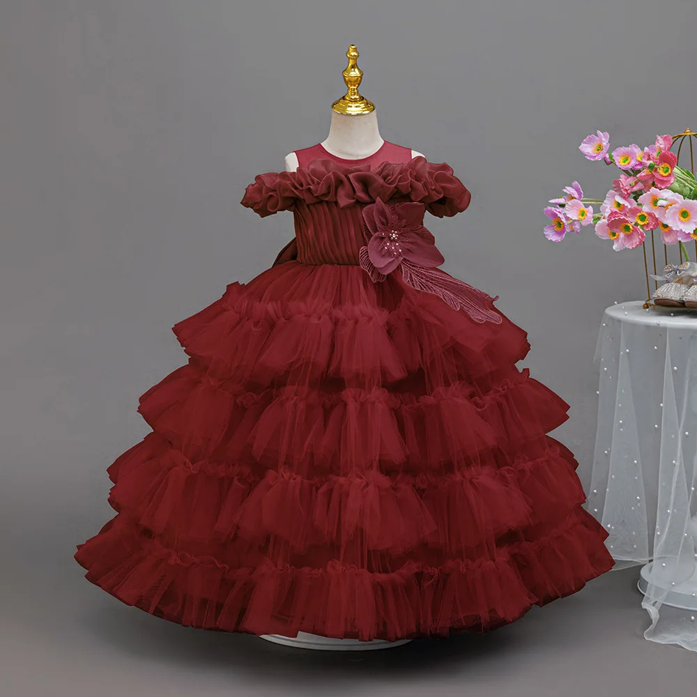 New elegant birthday party dress for girls, one shoulder gorgeous chiffon ball dress, 4-12-year-old princess bridesmaid dress