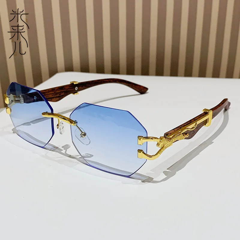 Cross-border Wood Leopard Temples Rimless Trimmed Sunglasses for Men and Women with The Same Box Driving Decorative Sunglasses.