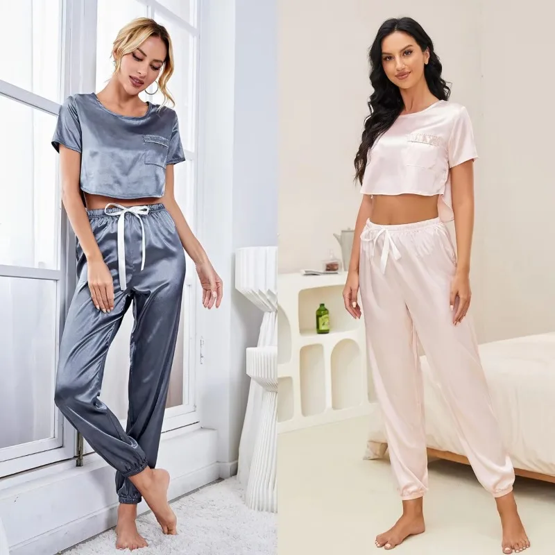 

Женский пижамный комплект из двух предметов, топ и брюки, домашняя одежда с круглым вырезом и бантом, тонкая, мягкая, однотонная, одежда для сна большого размера в Европе и Америке