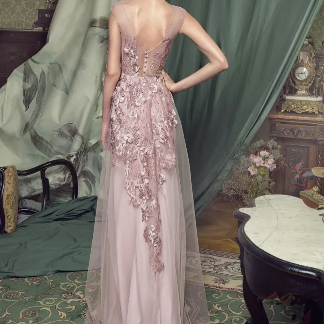 Gaun Malam Aplikasi Renda Belahan Sisi Tinggi Seksi Gaun Ibu Pengantin Wanita Fashion Gaun Tamu Pernikahan Panjang Lantai Disesuaikan