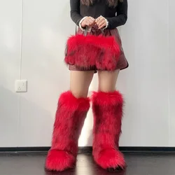 Winter New Faux Fur Snow Boots Knee Boots Plus Velvet Padded Warm Women's Boots Square Plush Bag Faux Fur Raccoon Handbag Set