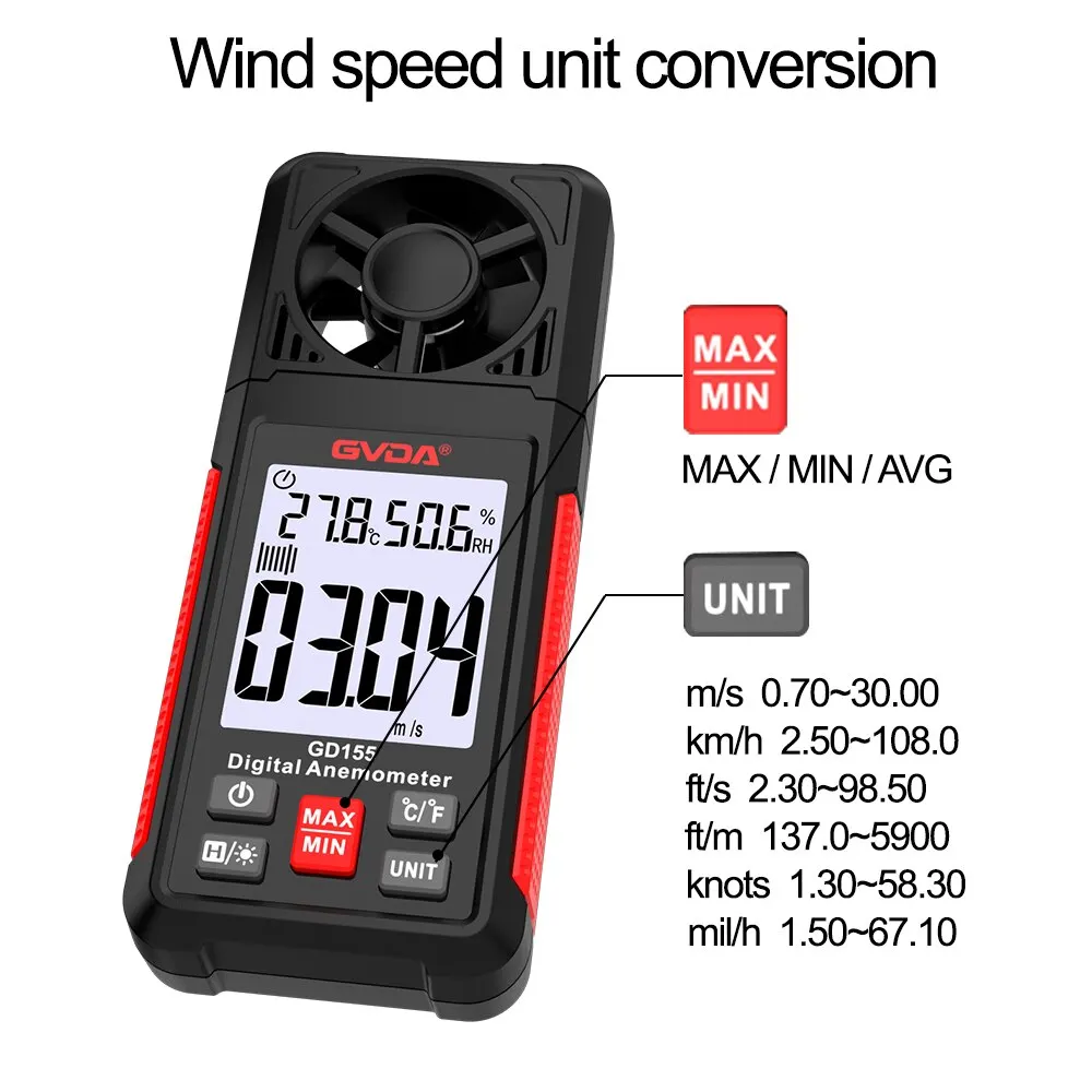 GVDA Digital Anemometer Handheld Wind Speed Meter GD155 for Measuring Wind Speed Temperature and Wind Chill with Backlight LCD