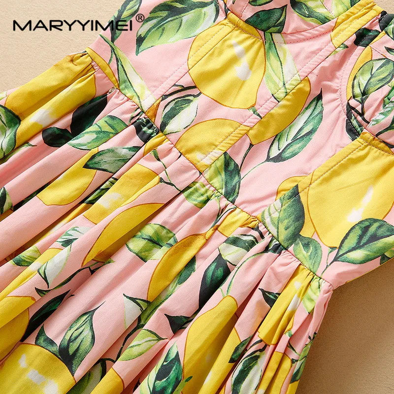 MARYYIMEI Summer Women\'s Cotton dress Spaghetti Strap Floral-Print High Waist Poplin Elegant Cotton Dresses