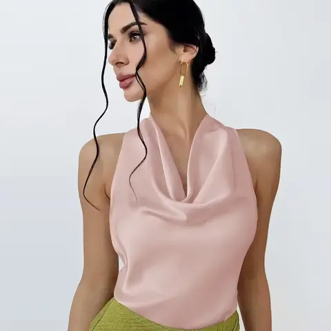 HXAO 2025 महिलाओं के लिए साटन हाल्टर टॉप समर ब्लैक येलो टैंक और कैमिस ऑफ शोल्डर क्रॉप टैंक टॉप फैशन स्लीवलेस बैकलेस वेस्ट 10 best sales पार्टी वियर - №3