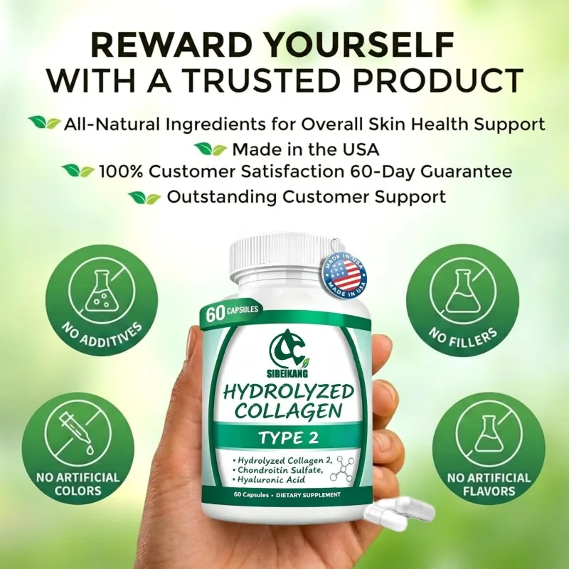 Type 2 Collagen Containing Chondroitin Sulfate and Hyaluronic Acid, -60  Capsules for Hair, Skin, and Nail Health Support