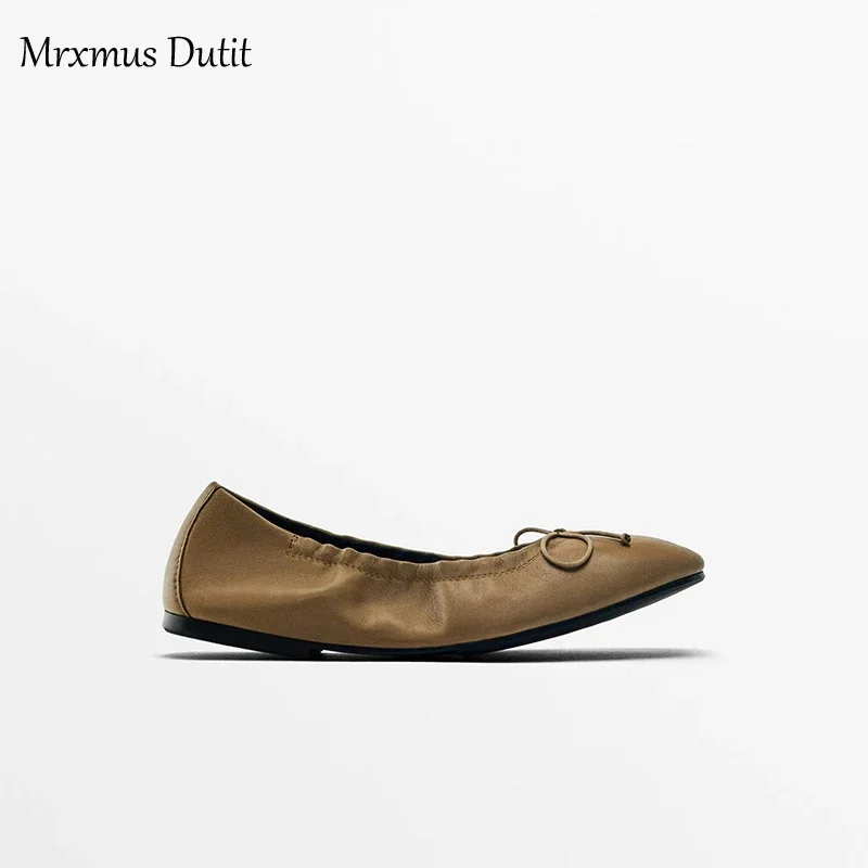 Mrxmus Dutit Fashionable Leather Square Toe Shallow Cut Flat Shoes 2024 Summer New Brown Retro Pleated Details Flat Ballet Shoes