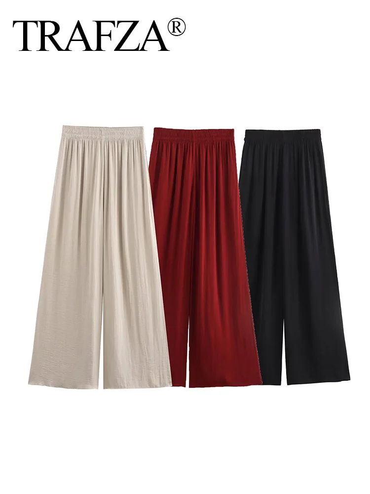 

TRAFZA Women's Summer Fashion Solid 3-Color High Waist Elastic Waisted Silk Satin Trousers Female Chic Ankle-Length Long Pants