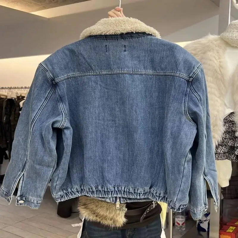 冬コート レディース デニムジャケット フェイクシープスキン襟付き ユニークなラインデザイン おしゃれで可愛い ふわふわ裏地付き 韓国風トップス