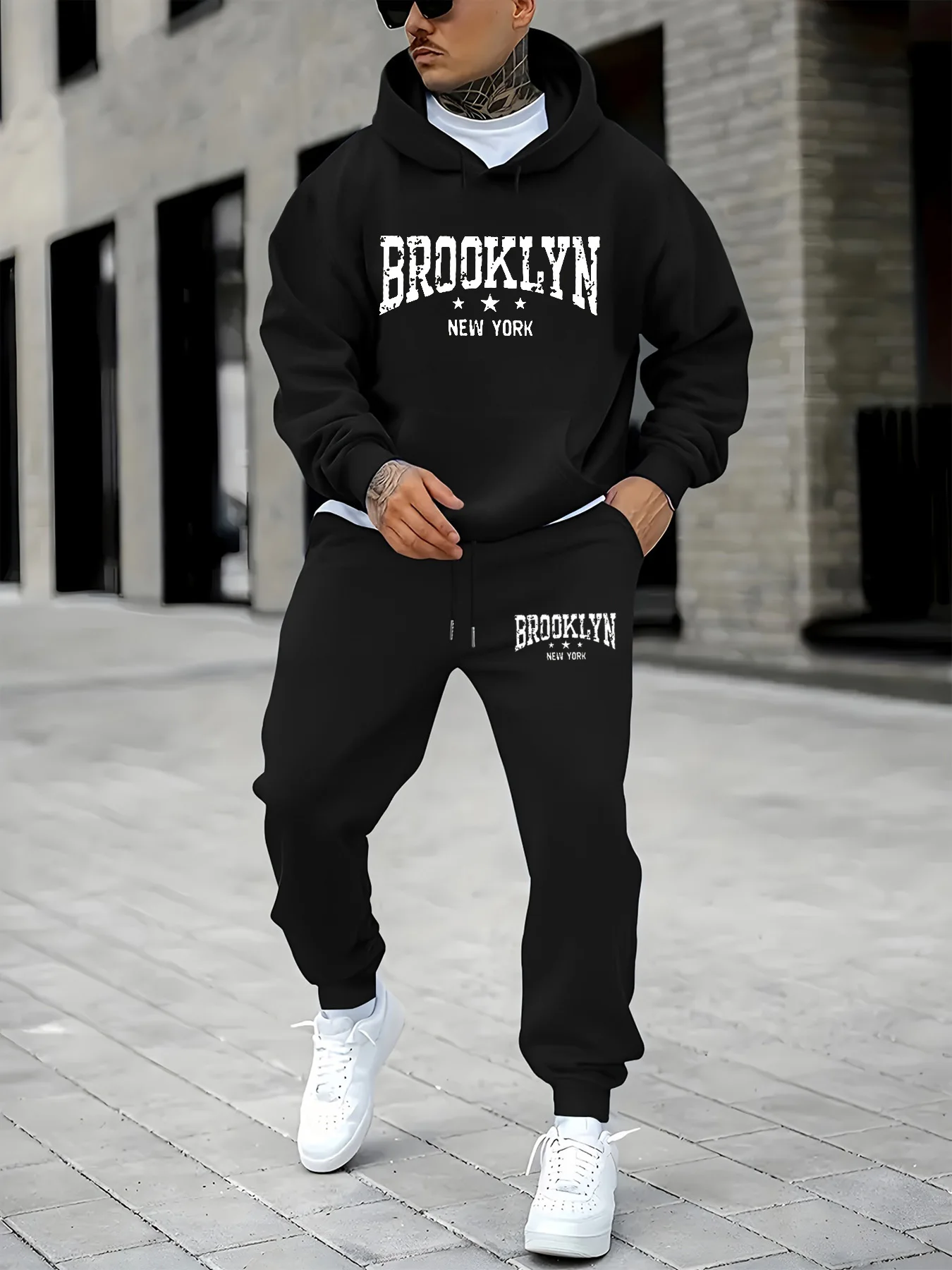 Heren Brooklyn New York bedrukt herfst/winter casual mode losse pluche dikke capuchon + joggingbroek set