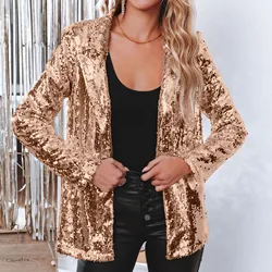 Chaqueta de lentejuelas de Color liso para mujer, traje informal de manga larga, con solapas brillantes, a la moda, para fiesta