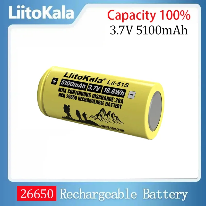 Liitokala 3.7V 5100mA  Lii-51S 26650 Rechargeable Li-ion Battery 20A discharge 26650A Suitable for Flashlight