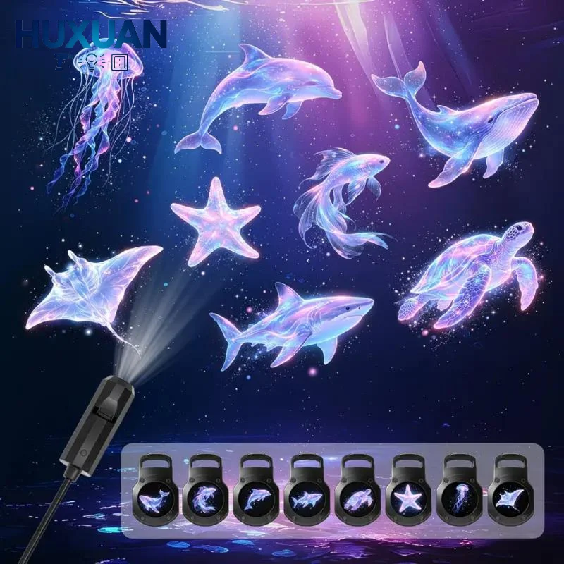 Marine Animal USB Projection Night Light 8 Changeable Patterns Eye Friendly for Kids Bedroom Ceiling Decor