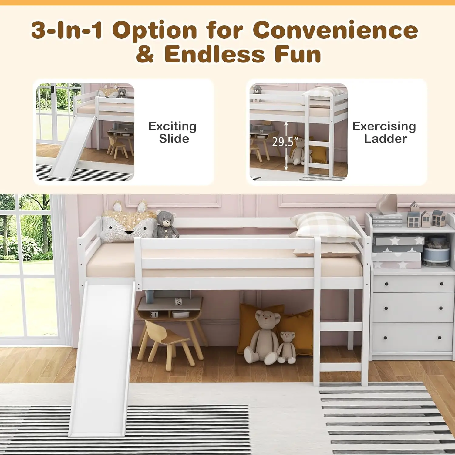 Twin Loft Bed with Slide, Wood Kids Bed for Girls Boys, No Box Spring, White