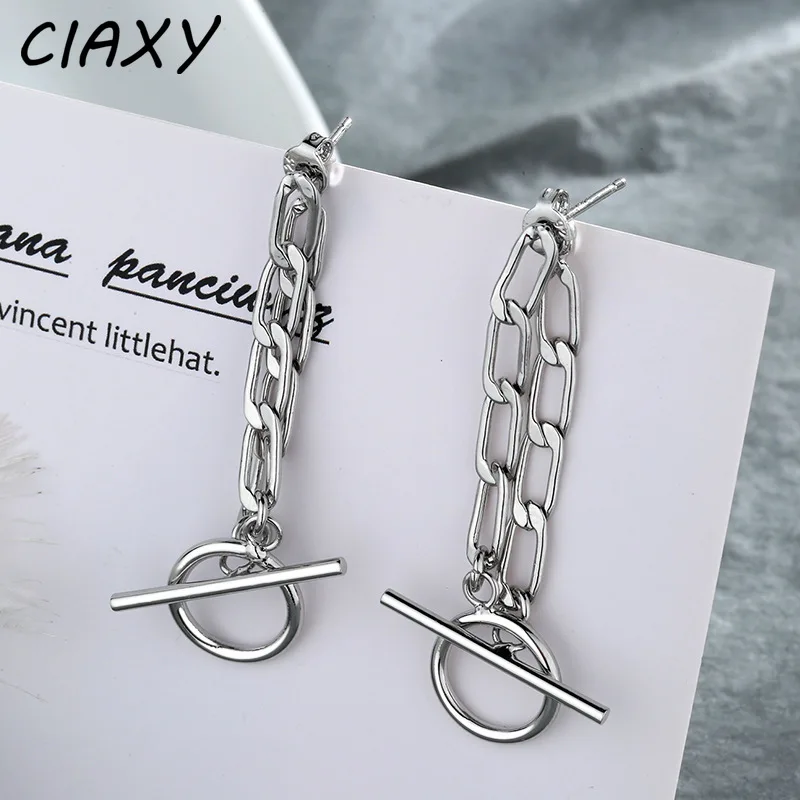 CIAXY Silver Color OT Buckle Chain Earrings for Women Creative Design Back-hanging Long Earring  Fashion Rock Jewelry